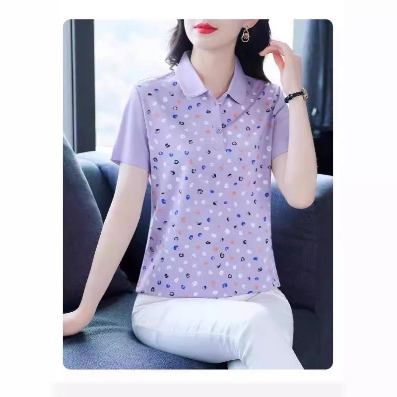 Women Colorful Polka Dot Print Short Sleeve Polo Shirt Turn Down Collar Half Placket Casual Blouse