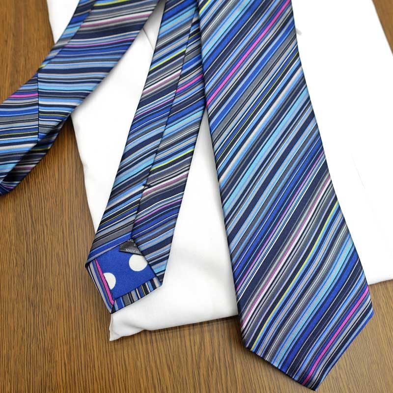 Necktie Gift Paul Smith Tie with Paul Smith Case Carry Bag PS2 Gift Wrapping [Brand Set] Ribbon, & (REDROSE Original) Navy/Blue Multi-Stripe (Gift,