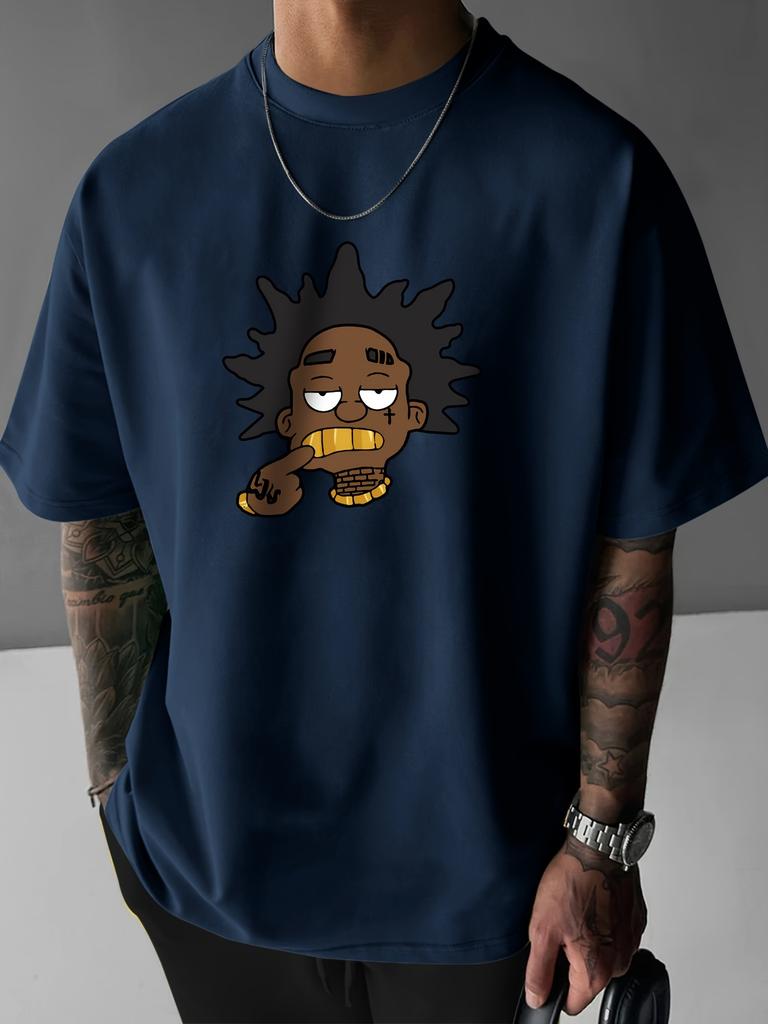 Summer Men's Cartoon Printed Casual Round Neck Short Sleeved 100% Pure Cotton Street Holiday High-quality Breathable T-shirt