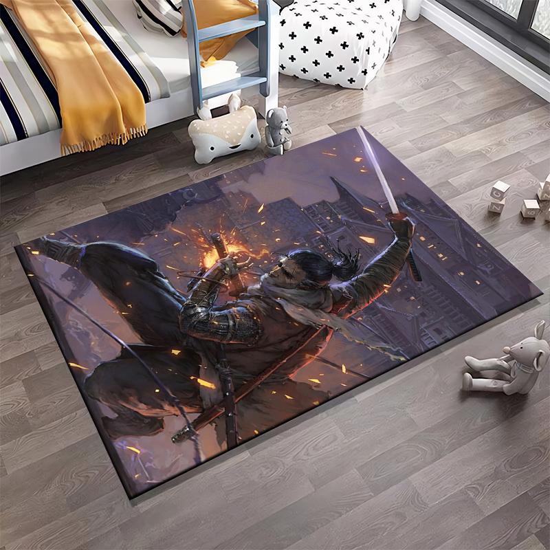 "Samurai Warrior in Action with Fire and Sword Theme Carpet Rug" Suitable for use as an anti-slip for living room bedroom sofas