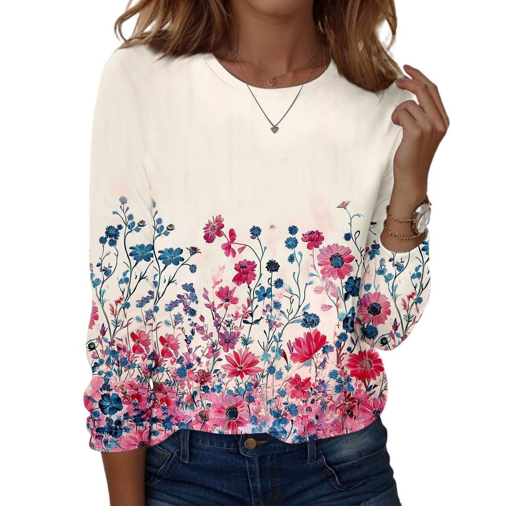 Koszule damskie z długim rękawem Śliczne nadruki Koszulki z nadrukami Bluzki Casual Plus Size Podstawowe topy Pulowery