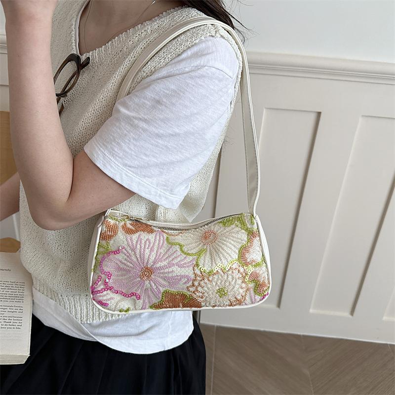 Yogodlns Boho Floral Sequin Shoulder Bag, Women's Vintage Embroidered Hobo Purse Casual Armpit Handbag for Daily Use