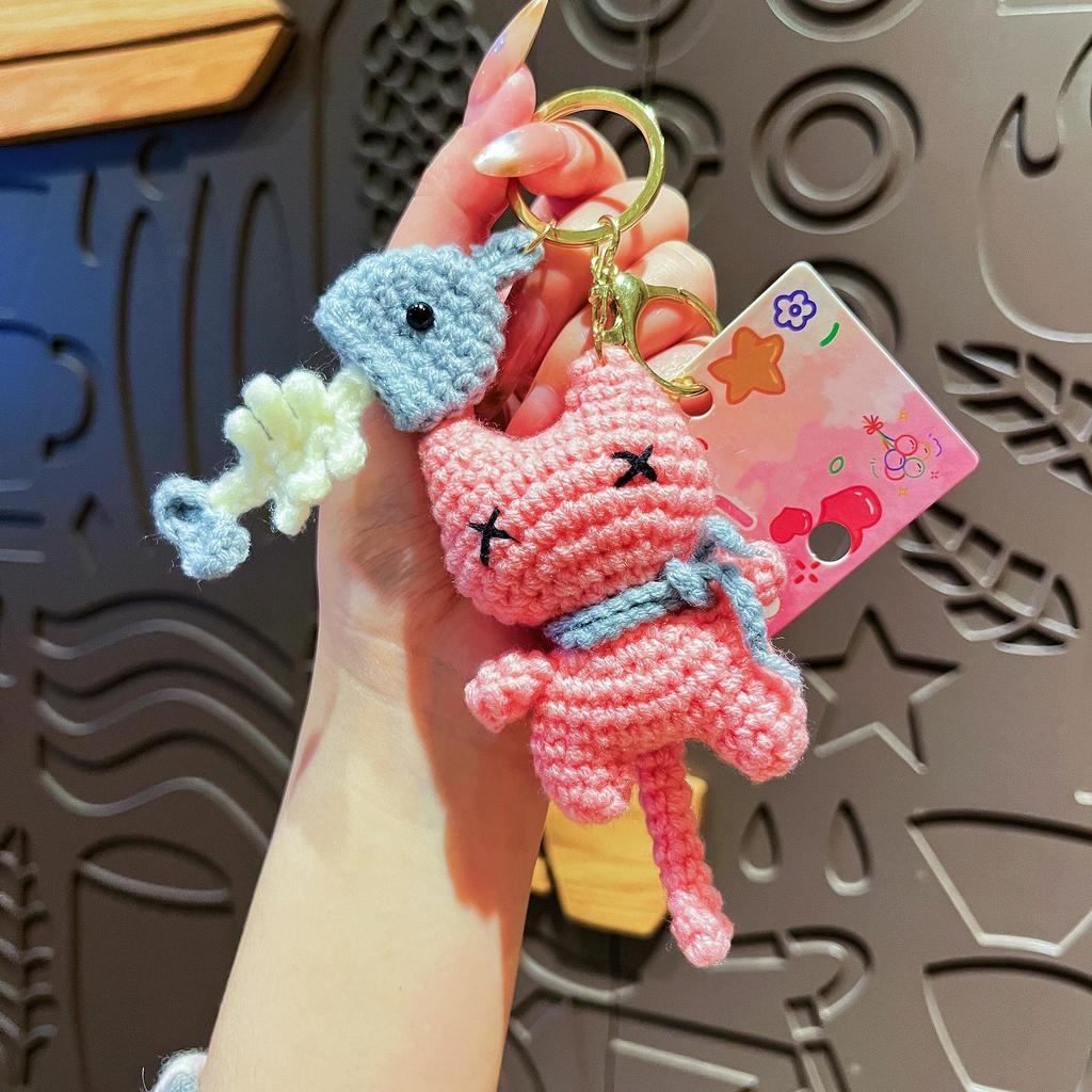 Cute Crochet Cat & Fishbone Keychain, Handmade Knitted Pink Cat Bag Charm