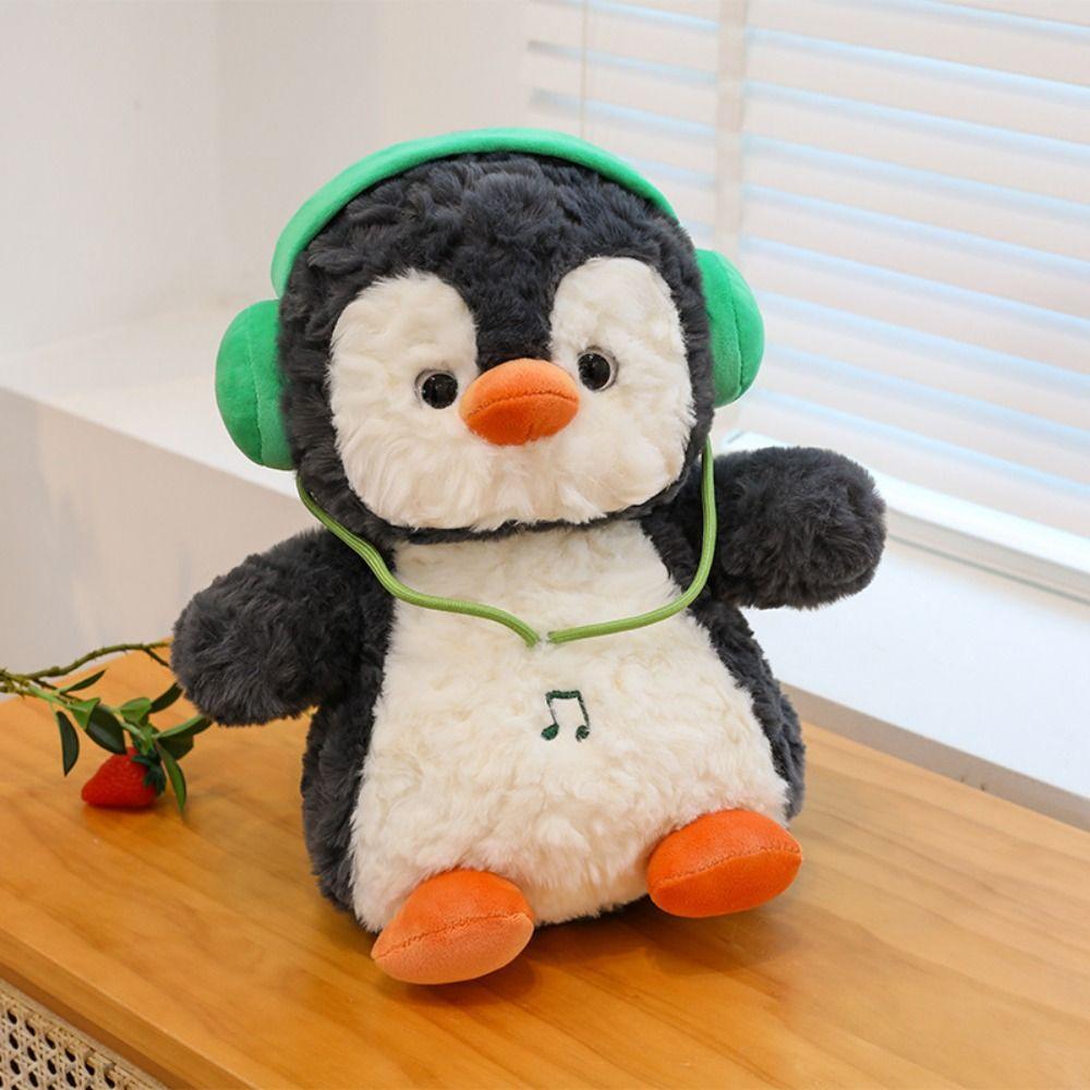 Interactive Penguin Doll Stuffed Animals Fluffy Wearing Headphones Animal Doll  Home Decor