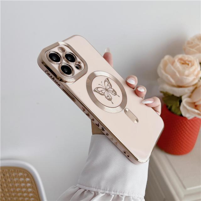 Pour iPhone 16 Pro Max Luxe Magsafe Magnétique Placage Papillon Coque de Téléphone Pour iPhone 11 12 13 14 15 16 Plus Couverture Protectrice