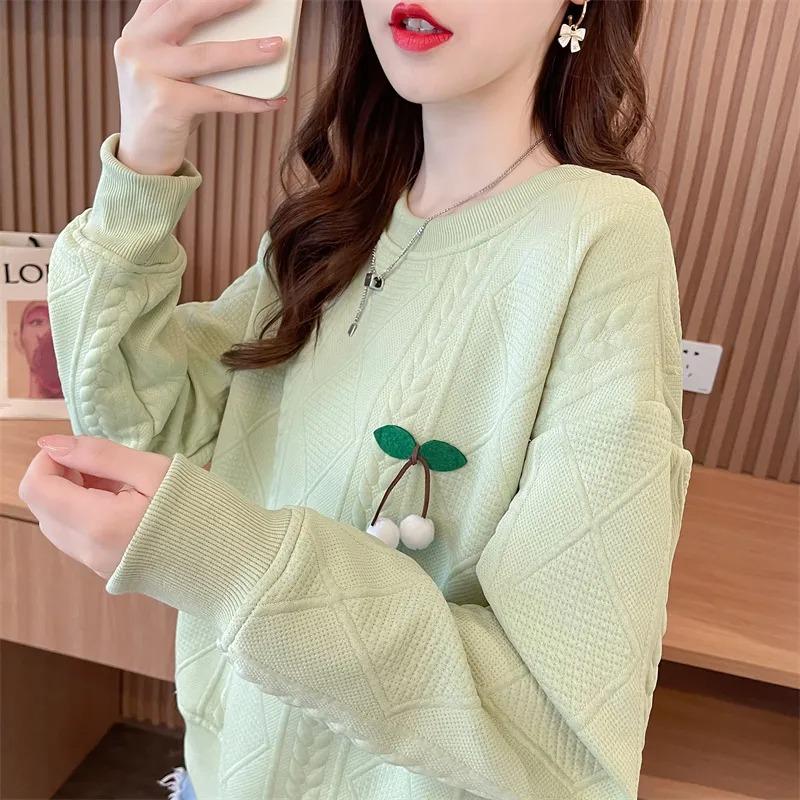 Women's Cherry Embroidered Sweater Quilted Knit Casual Long-Sleeve Top Hoodies