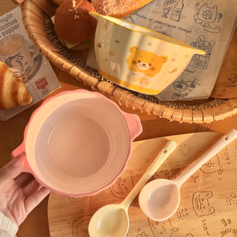 ZISIZ Bee Bear Double-Ear Ceramic Pumpkin Bowl with Spoon