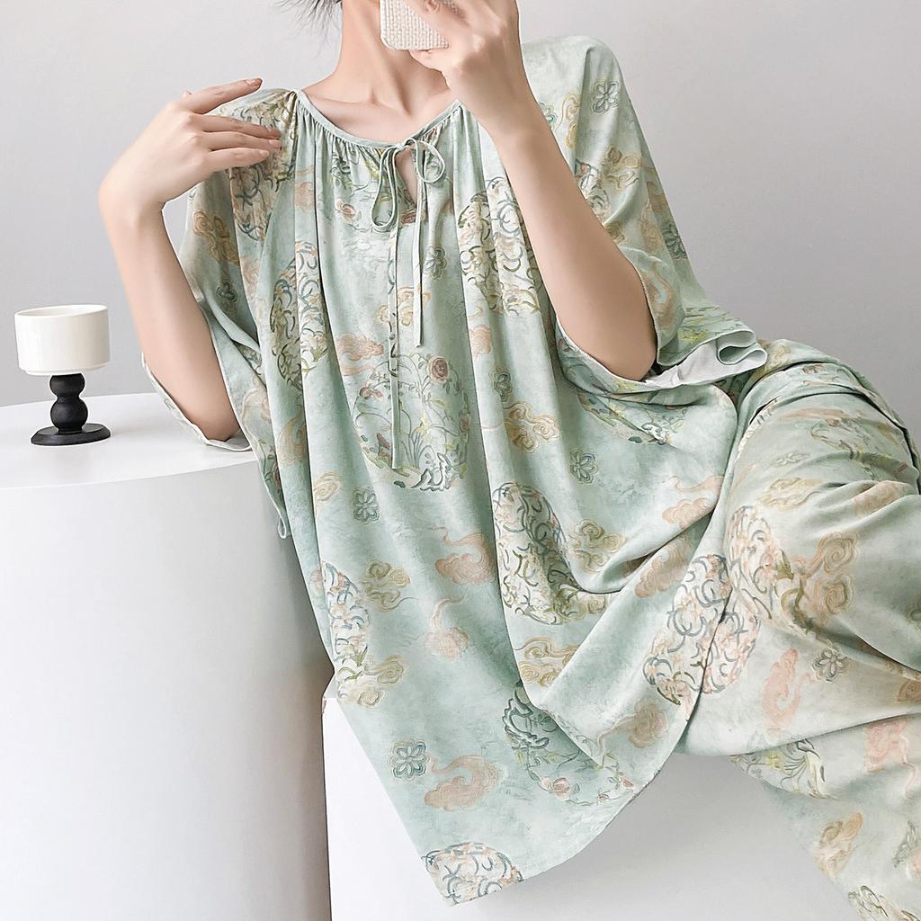 1011 new short-sleeved cotton and silk pajamas for women's summer thin printing loose and relaxed loungewear suit