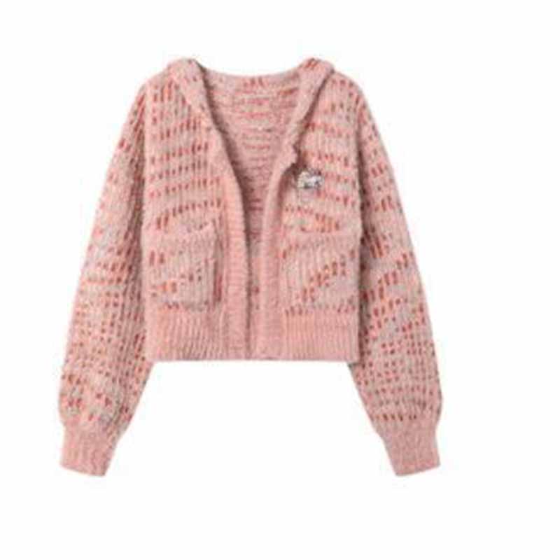 

Design Sense Норковый темно-синий свитер с воротником, куртка-кардиган, женский осенне-зимний свободный вязаный топ в нежном стиле XL розовый