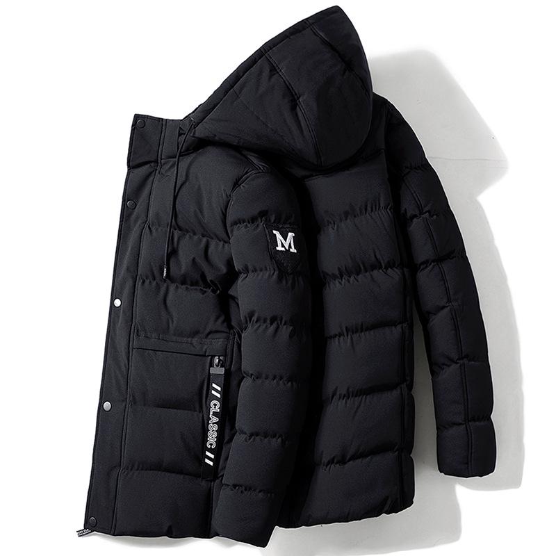 618 Men's Mid-Length Hooded Winter Jacket - Warm, Thick Plush Cotton-Padded with Ribbed M-Shaped Design