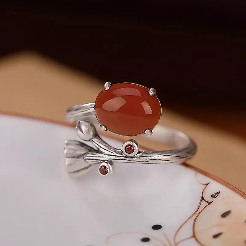 Südlicher Roter Turmal Vintage Ringe Für Frauen Lotusblume Chinesischer Stil Einfachheit Ring Eleganter Klassischer Schmuck