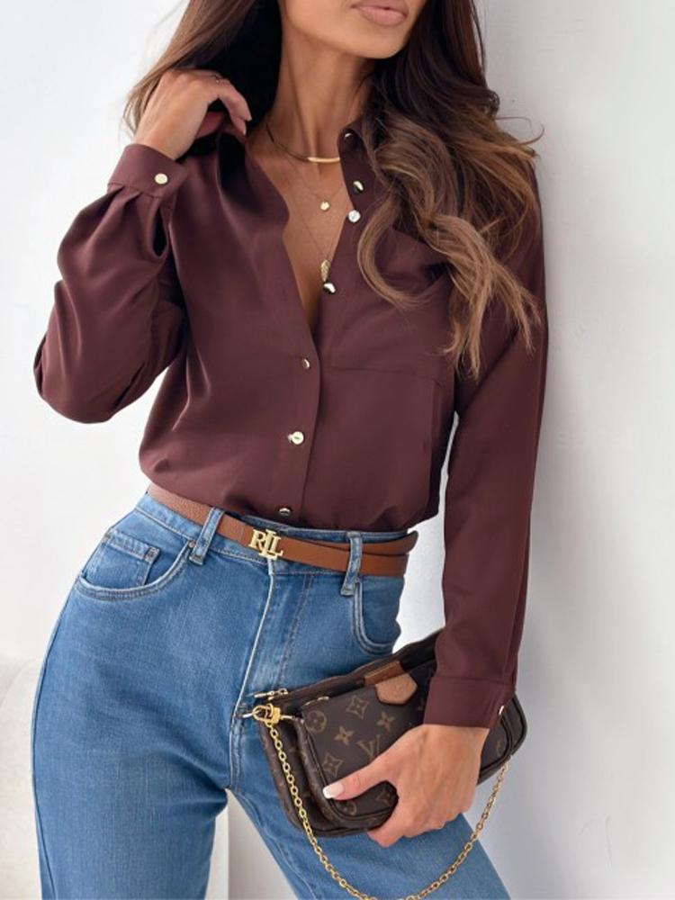 Summer Turn Down Collar Women OL Workwear Blouse Tops Casual Female Solid Color Button Slim Shirt Tops