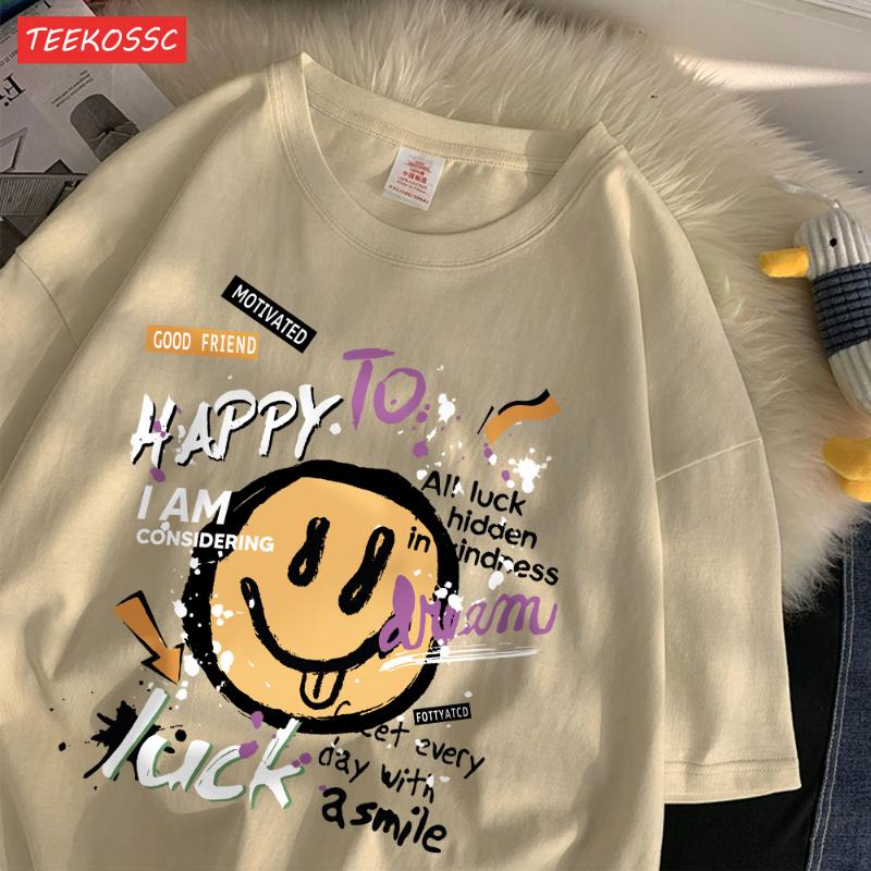 Summer Cotton Women T-Shirts Fun Graffiti Cute Smiling Face Prints Tees Breathable Loose O-Neck Casual Street Female Clothes