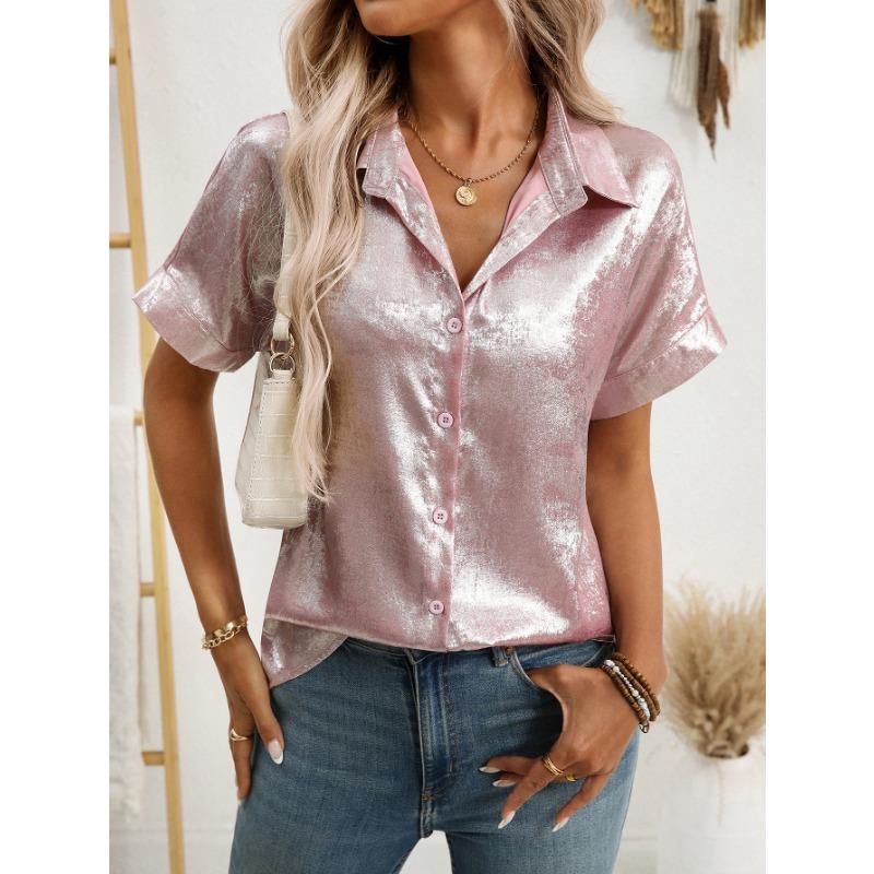 Women Lapel Short Sleeve Shirt Metallic Shiny Fabric Single Breasted Loose Vacation Casual Blouse