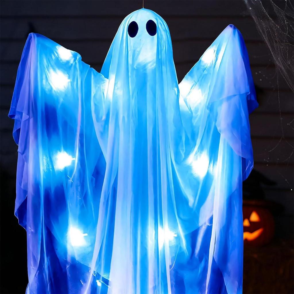 2025 Halloween Ghost Hangable Figurines LED ghost pendant with light and sounds Garden Tree Light up Ghost Decoration