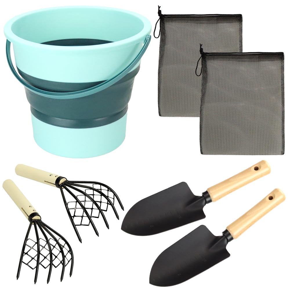 Clam digging tool set (7 pieces) for 2-4 people: rake, shovel, folding bucket, clam picking (Green)