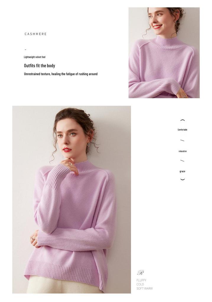 Women's Cashmere Knit Sweater - Solid Color, Half-High Collar, Loose Slimming Fit, Thick Drop Shoulder Sleeves for Autumn/Winter