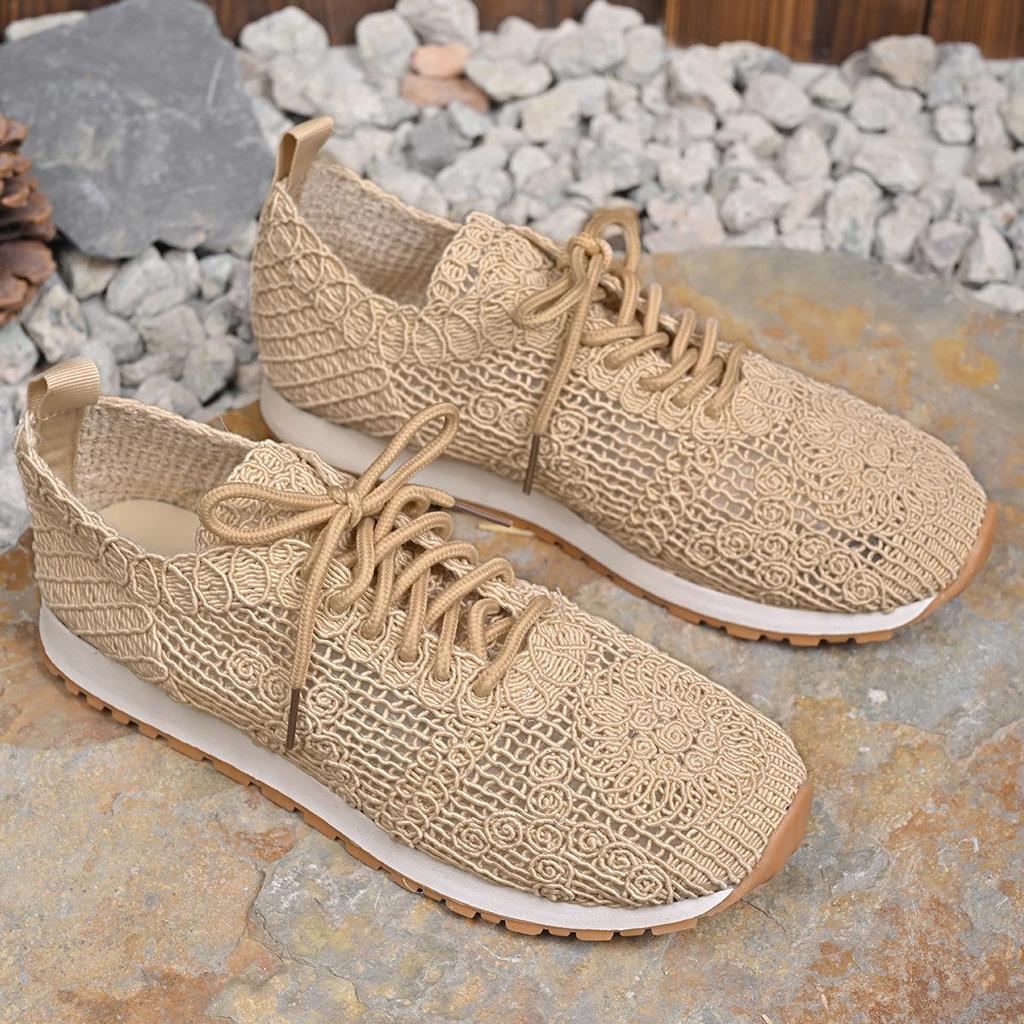 2026 Spring New Solid Color Mesh Sports and Leisure Women's Shoes Round Headed Straw Shoes Fisherman Lace Canvas