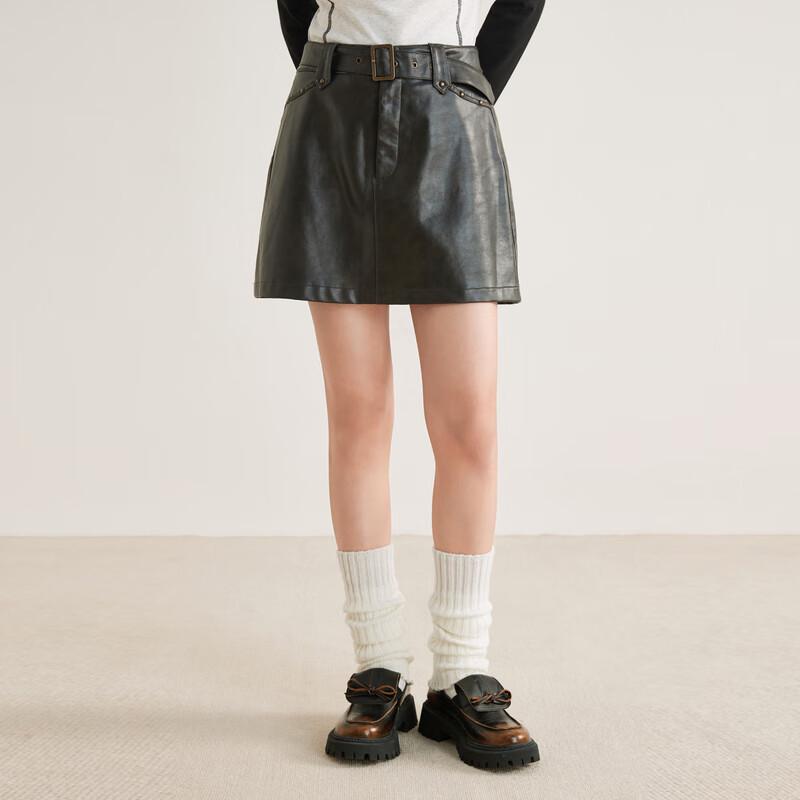 Ledin Retro Washed Rivet PU A-Line Mini Skirt S