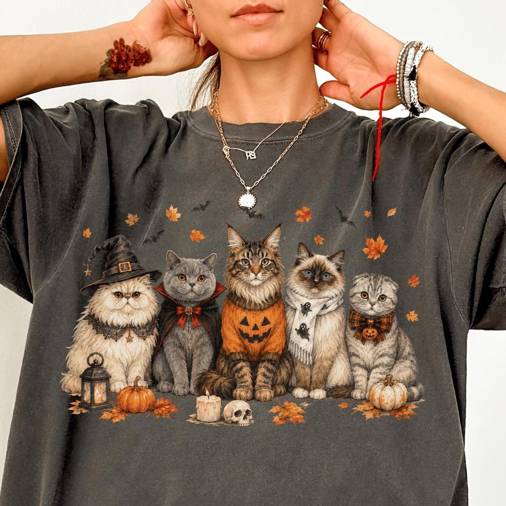 Halloween Cats Shirt Comfort Colors® Spooky Season Tshirt Happy Halloween Party Gift For Cat Mom Top Cozy Fall Vibes Autumn Festival Outfit