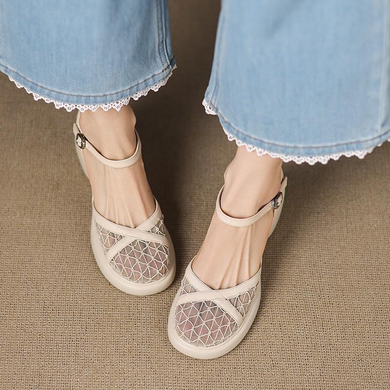 2025 new ultra-light soft and comfortable thick heel thick sole mesh bag head sandals with hollow Roman shoes
