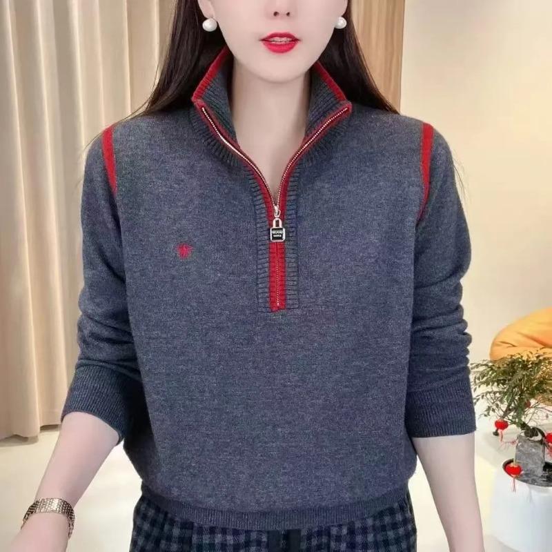 

Женский трикотажный свитер с вышивкой для мам средней длины на молнии с воротником-стойкой, новинка весны и осени, с нижней одеждой