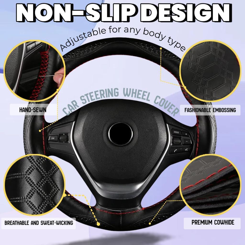 DEEYOTA Car Steering Wheel Cover Universal Fit Round Stitch Steering Wheel Wrap Thin PU Leather Steering Wheel Cover Sewn On 15" Car Wheel (Black)