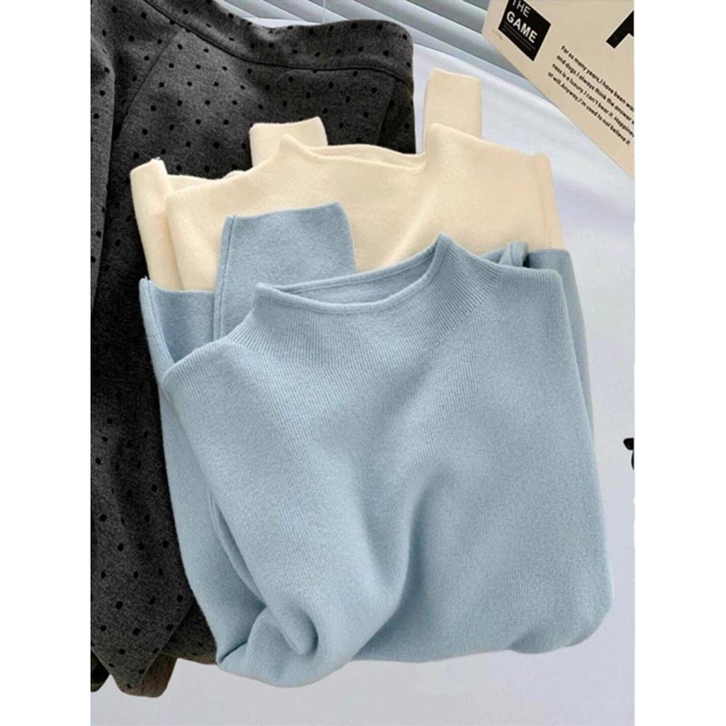 Fufu Baby Blue Semi-High Neck Slim Fit Long Sleeve Knit Sweater for Autumn and Winter