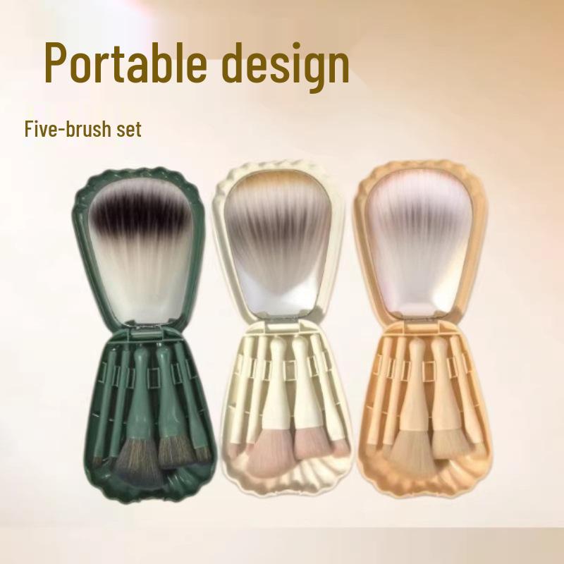 5-Piece Shell Mirror Makeup Brush Set: Portable Eyeshadow, Powder & Blush Brushes