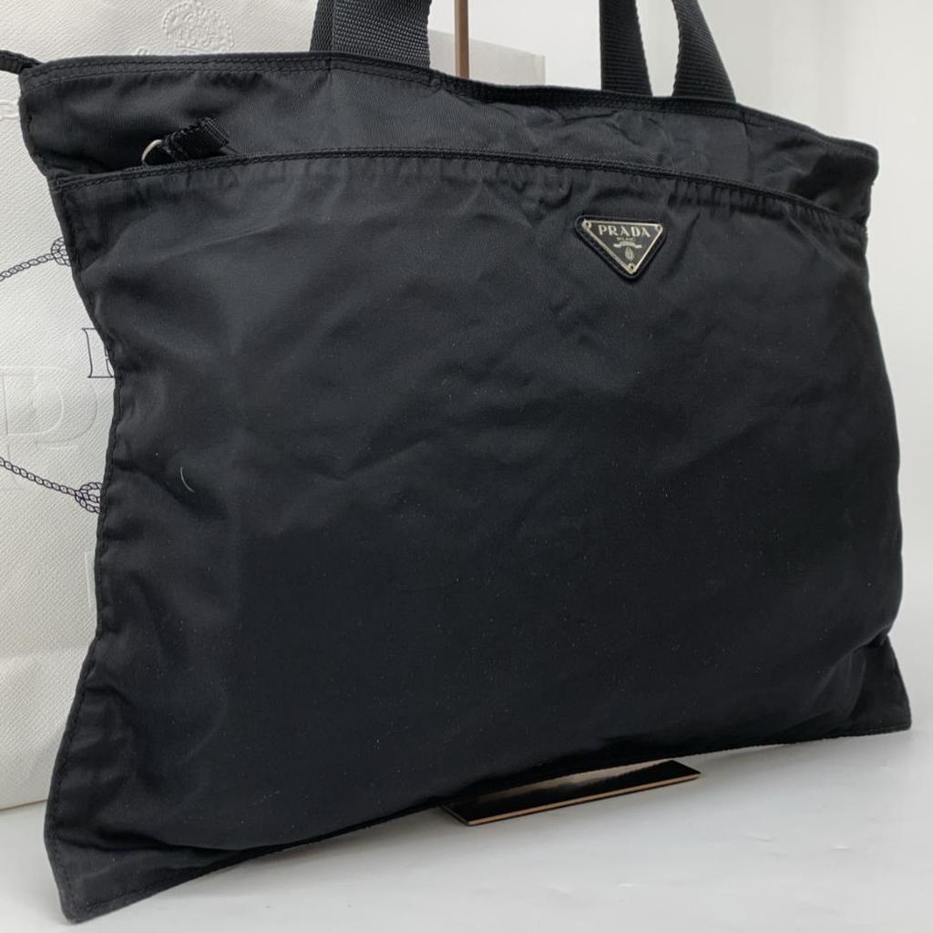 PRADA Tote Bag Handbag Business Tessuto Nylon Black Triangle Logo Plate Auth
