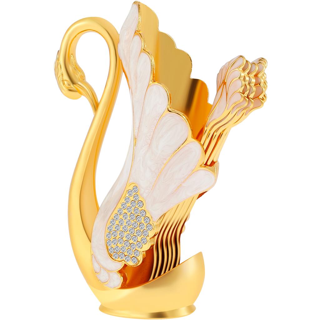 6Pcs Coffee Spoon Set with 1 Good Swan Shape Base Holder Zinc Alloy Swan Base Spoon Organizer Elegant FruitDessert Swan Flatware for Home