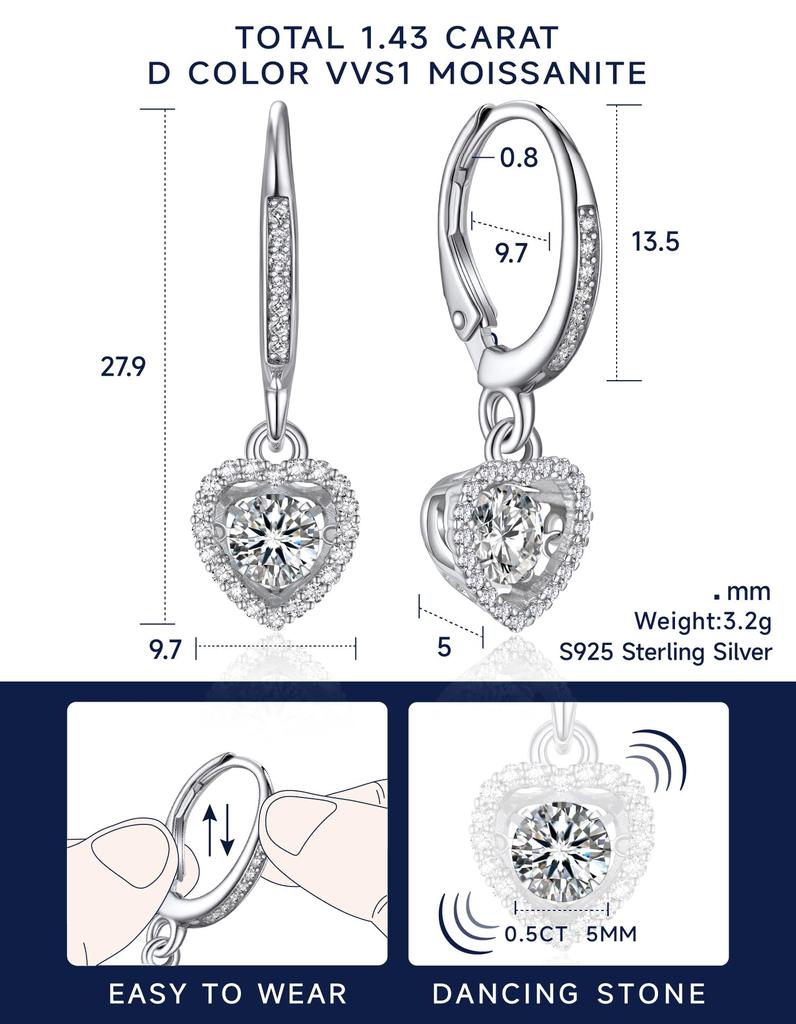 MomentWish Moissanite Hoop Dancing Stone Earrings for Women 1 Carat Moissanite Hypoallergenic D Color VVS1 Simulated Diamond Earrings Shape Earrings,