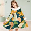 Girls Faux Fur Trim High Neck Long Sleeve Geometric Printed A Line Flared Dress