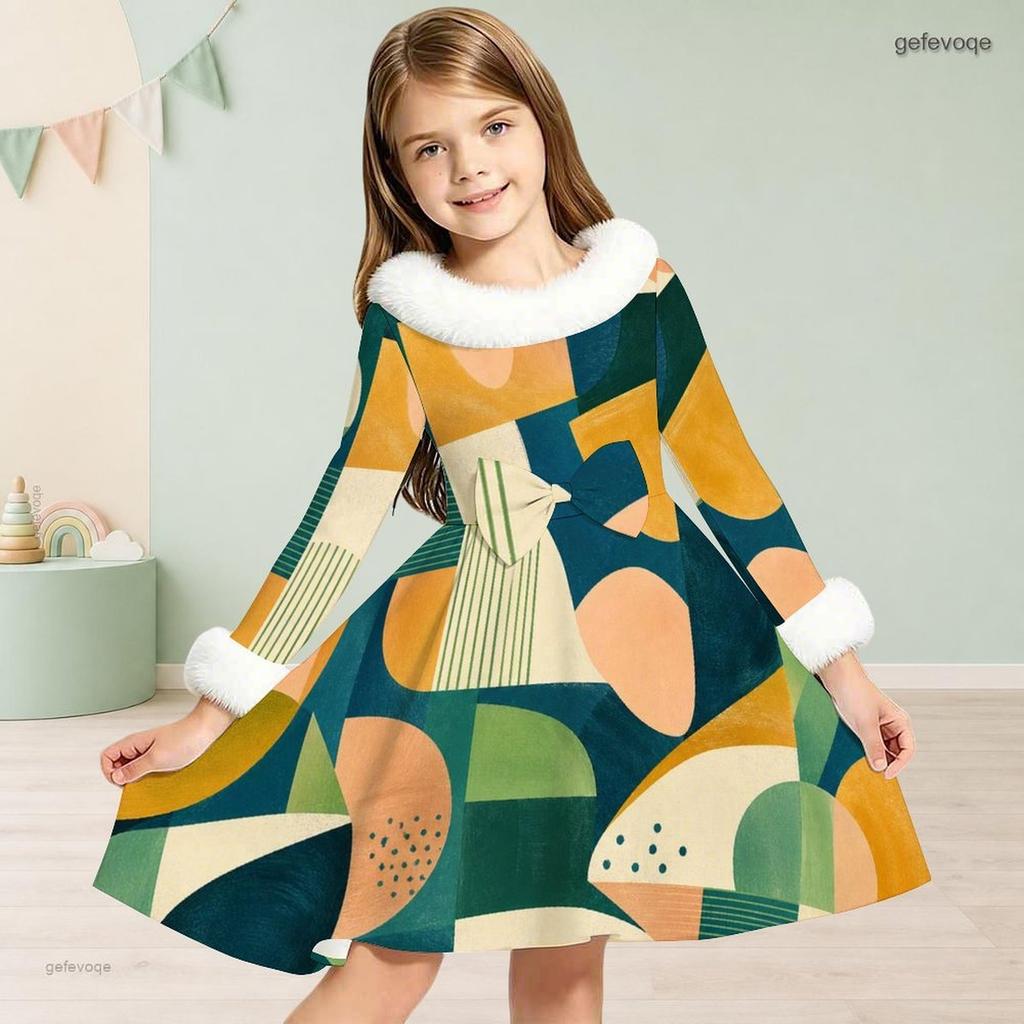 Girls Faux Fur Trim High Neck Long Sleeve Geometric Printed A Line Flared Dress