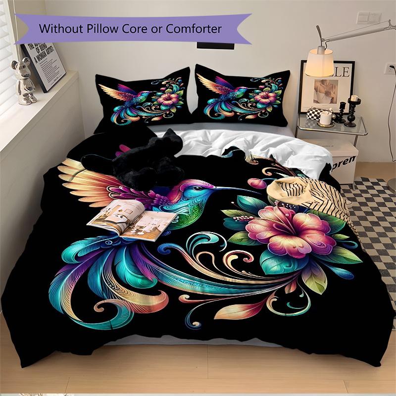 3pcs Colorful Hummingbird with Floral Fantasy Bedding Set, Including Without Filling, Soft and Comfortable Home Bedroom J016