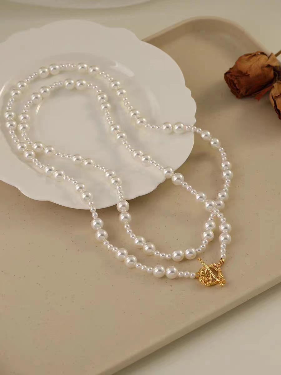 

Long Alternating Pearl Necklace with OT Clasp - Stackable Sweater Chain, Autumn/Winter Jewelry (120cm) NL102