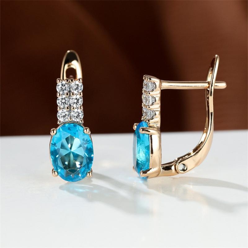 Oval amethyst zircon plated champagne gold ear buckle wedding earrings for women