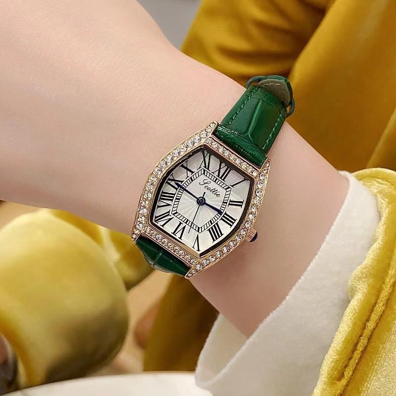 Barrel-Shaped Simple Watch Women'S Fashion Diamond-Encrusted Roman Face Leather Waterproof Women'S Watch