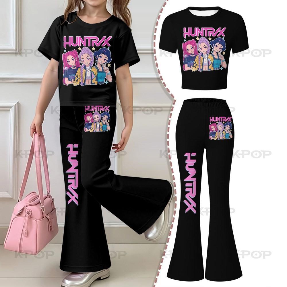 Dziecięcy casualowy sportowy zestaw z krótkim rękawem i rozszerzanymi nogawkami, modny dziewczęcy strój sportowy z wzorem Kpop Hunter