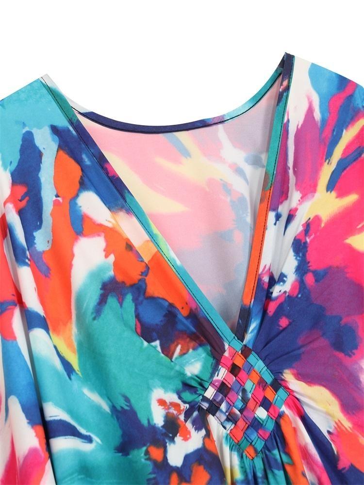 Plus Size Women Kaftan House Robe Bohemian Printing V Neck Homewear Beach Wear Bathing Suit Cover Up