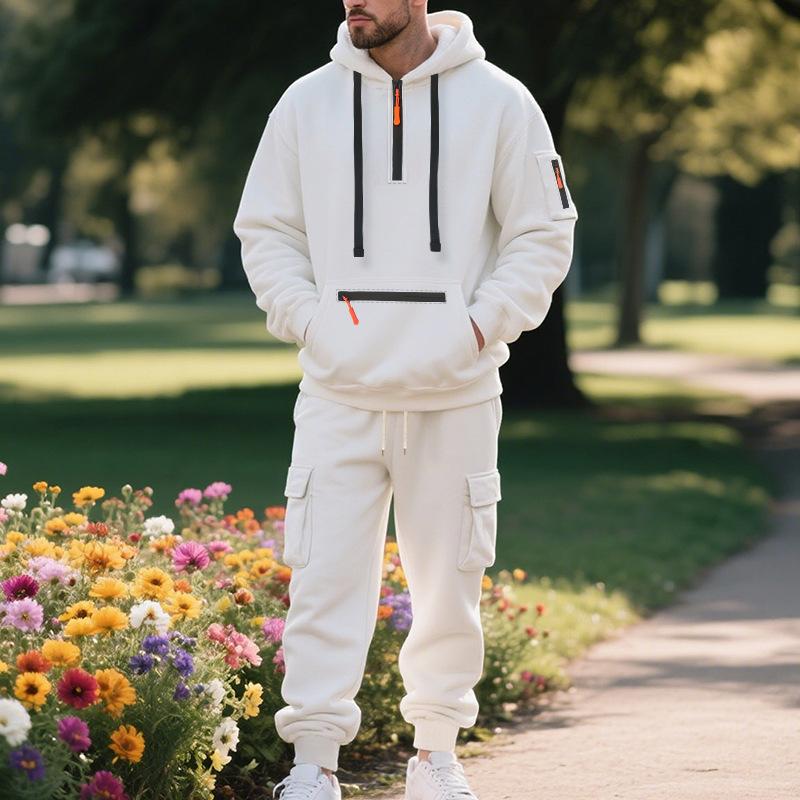 Mens Warm Thick Multiple Pockets Hooded Sweatshirt And Cuffed Sweatpants Two Piece Sports Set