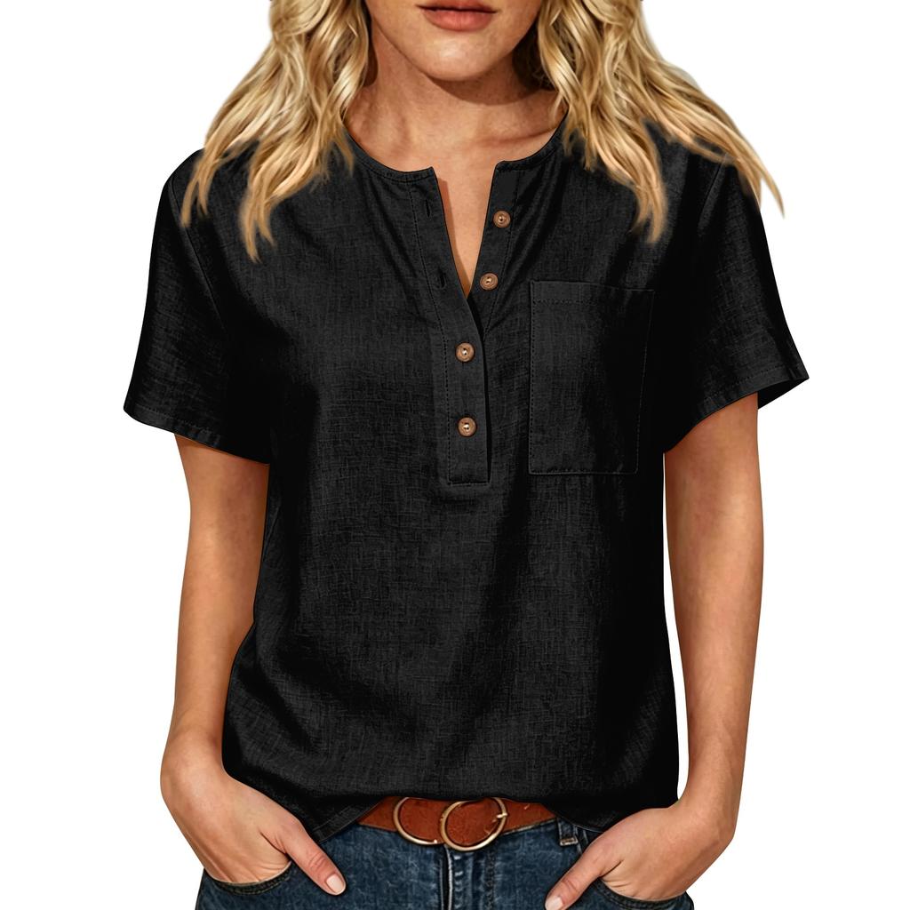 Women Short Sleeve Henley Neck Button Front Linen Cotton Shirt with Chest Pocket Loose Fit Casual Blouse Top for Summer