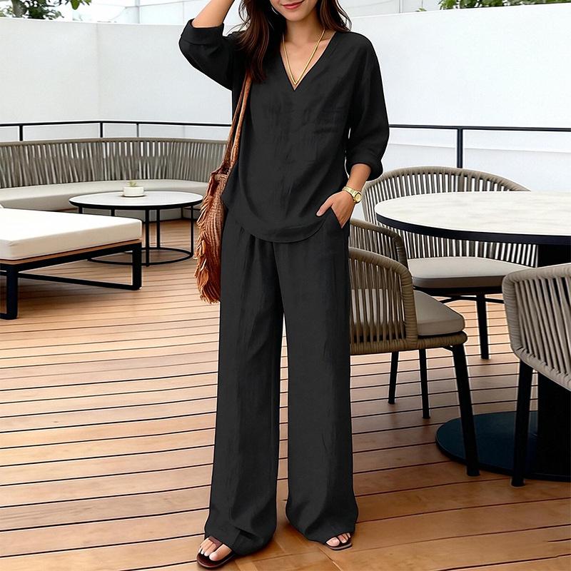 2026 Spring Women's Fashion: Solid Color V-neck Long Sleeve Top & Long Pants Set