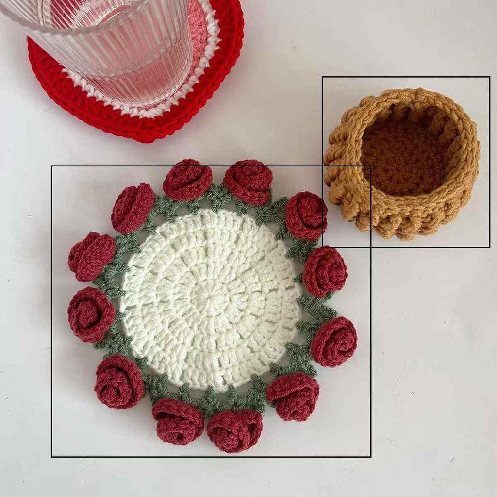Rose Bouquet Coaster Hand Woven Rose Bouquet Placemat Crochet Flower Placemat Plant Ornament Decor Finished Product Gift