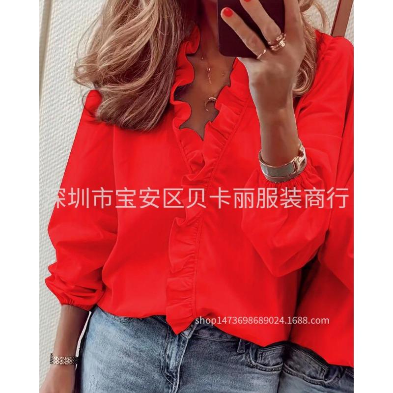 Wish spring and summer new long-sleeved ruffle shirt women's shirt