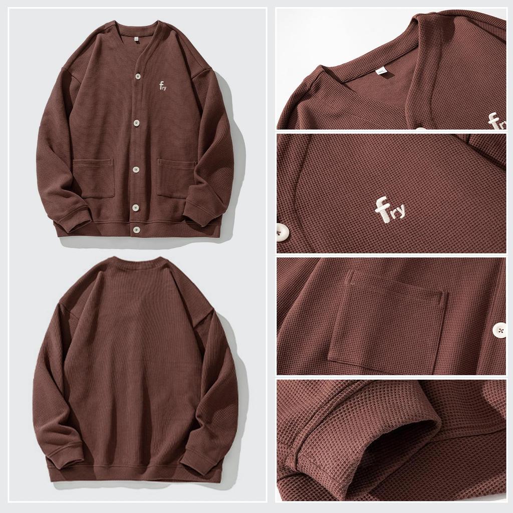 Seuyae Knit Plus Street Long English L Men's Cardigan, Stylish, Size, V-Neck, Casual, Style, Sleeves, Embroidery, Spring/Autumn Outings, Work, Khaki,