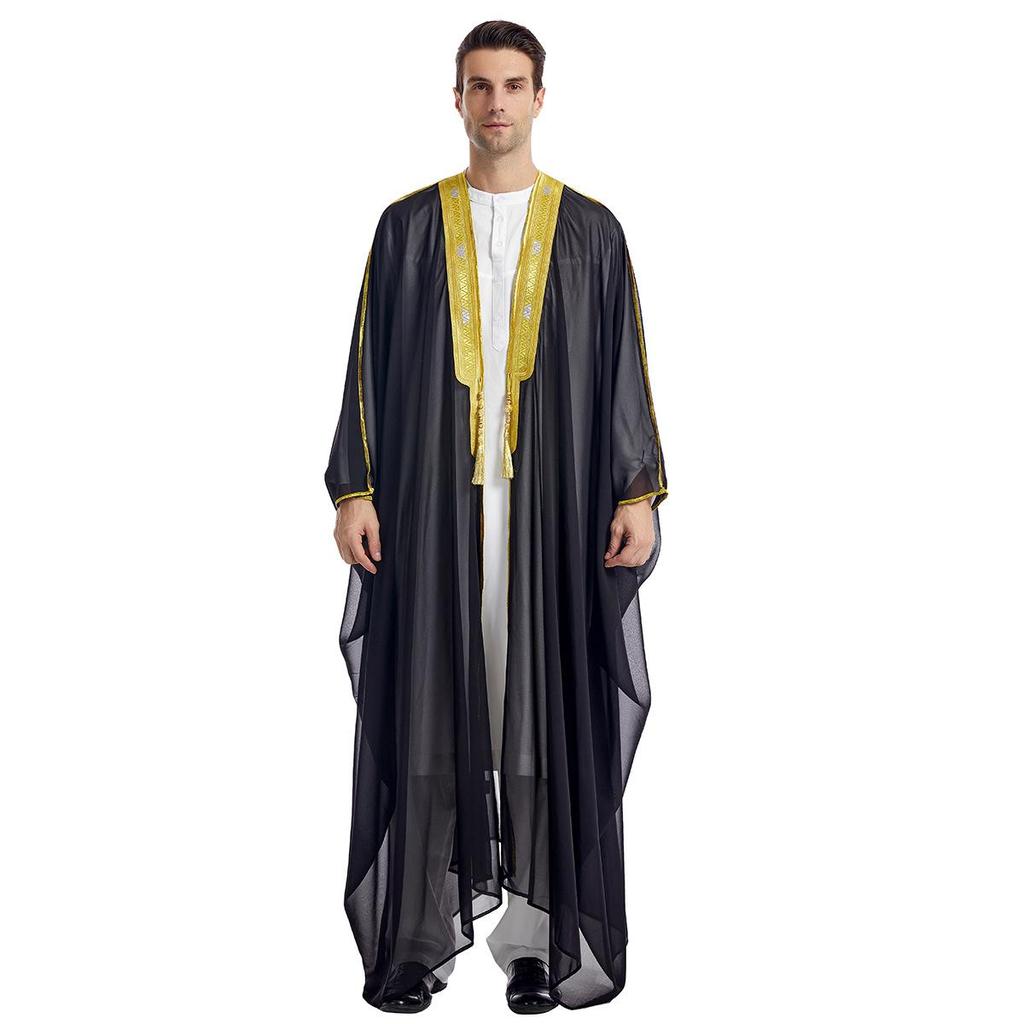 Men's Embroidered Chiffon Robe, TH834 - Long-Sleeved Arabic Tassel Design with Gold Beads