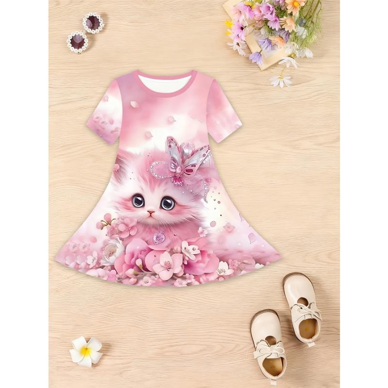 New Summer Girls' Short Sleeve Dress, Children's Cat Pattern Short Sleeve Clothing, Cartoon Flower Kitten Dress, Christmas Gift for Girls