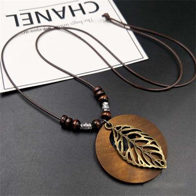 Vintage Cotton Linen Ethnic Style Wood Leaf Long Necklace Women's Sweater Chain Bohemian Accessories