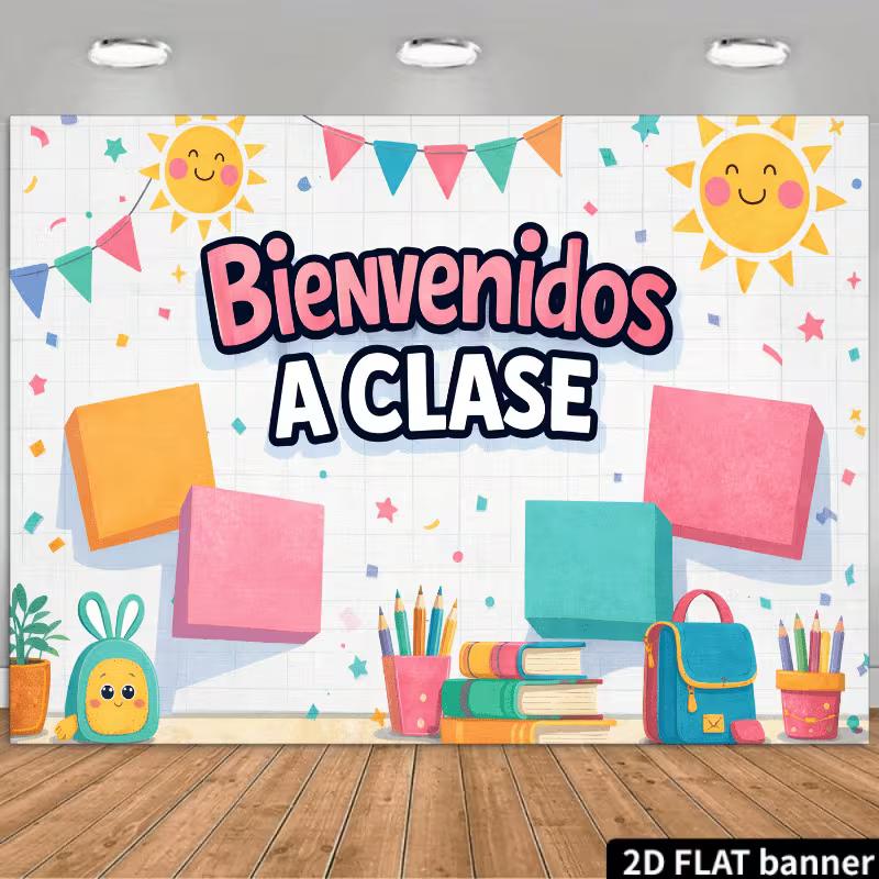 

2D Flat Spanish Classroom Photography Backdrop Bienvenidos A Clase School Banner 47.2x31.5inch/120*80cm